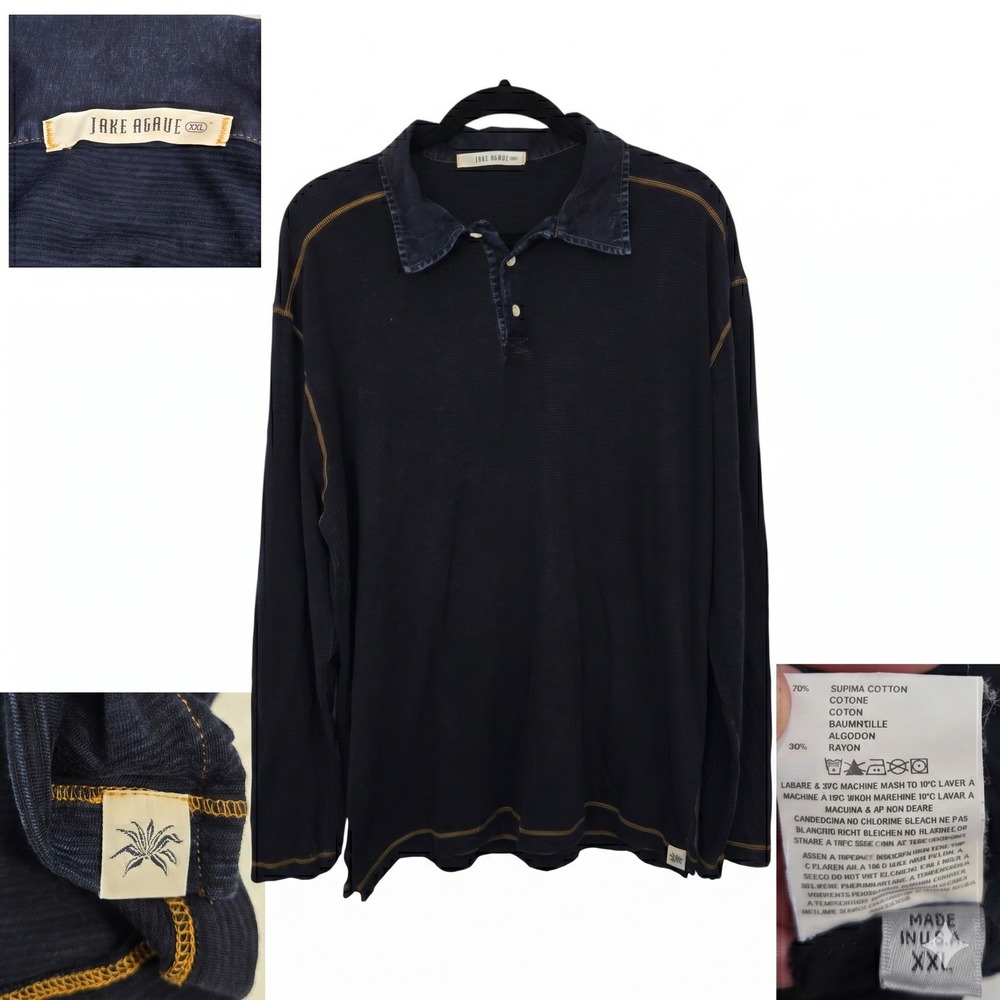 Agave Jefe Long Sleeve Polo Shirt Mens XXL Navy Blue Good Supima Cotton Ribbed‎